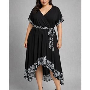 Y2K Asymmetrical Black White Dress Tie Waist Faux Wrap V Neck Womens 18 / 20